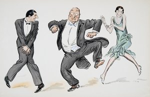 One gentleman in black tie, a further gentleman in white tie and tails, and a woman in a light green flapper dress and pearls dance the Charleston, from White Bottoms, pub. 1927